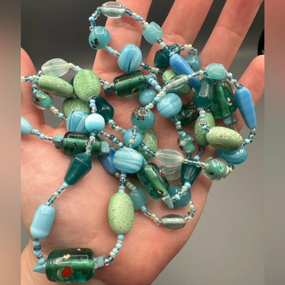 VTG Teal Green Blue Art Glass Beaded Necklace 46" Art to Wear Boho - Picture 2 of 4